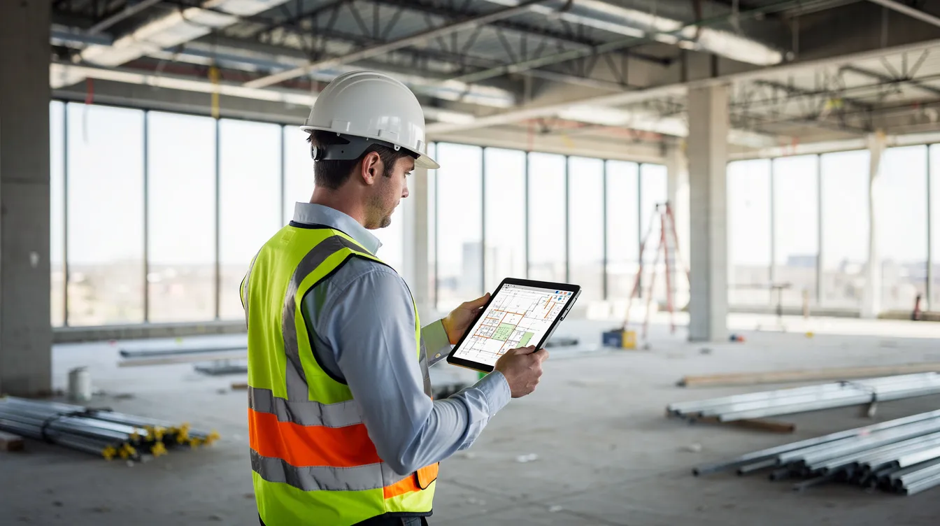 Construction manager reviewing project information inside an unfinished commercial building.