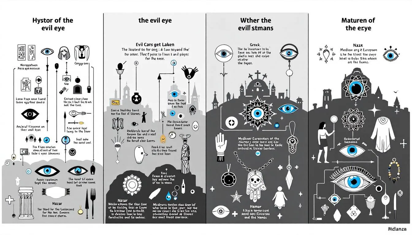 The image depicts various protective talismans associated with the evil eye belief, showcasing intricate designs featuring eye motifs in shades of blue and green. These charms, often found in cultures around the world, are believed to ward off negative energy and bad luck caused by malevolent glares or jealous intentions.