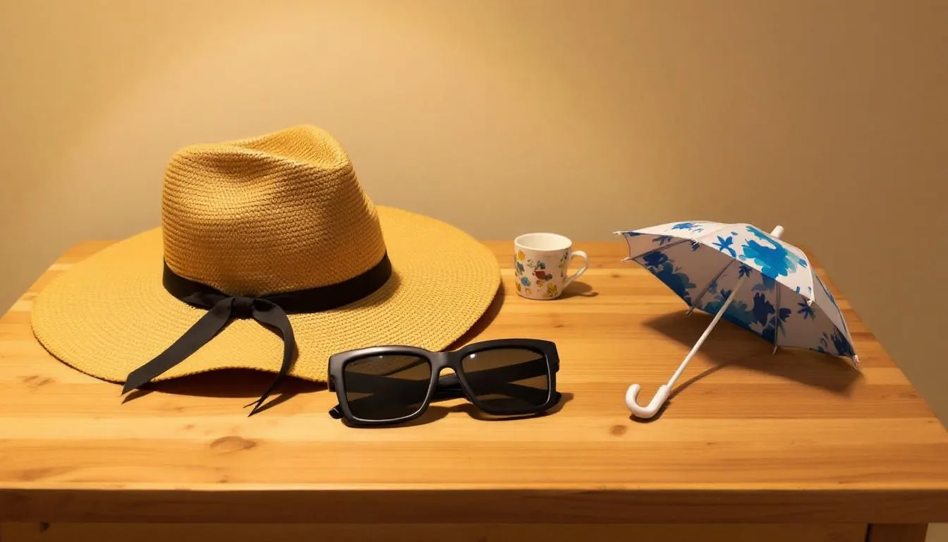 The image features a collection of sun protection accessories, including wide-brimmed hats and stylish sunglasses, ideal for female travelers in Morocco. These items are perfect for staying cool and protected from the strong sun while exploring the local culture and dressing conservatively.