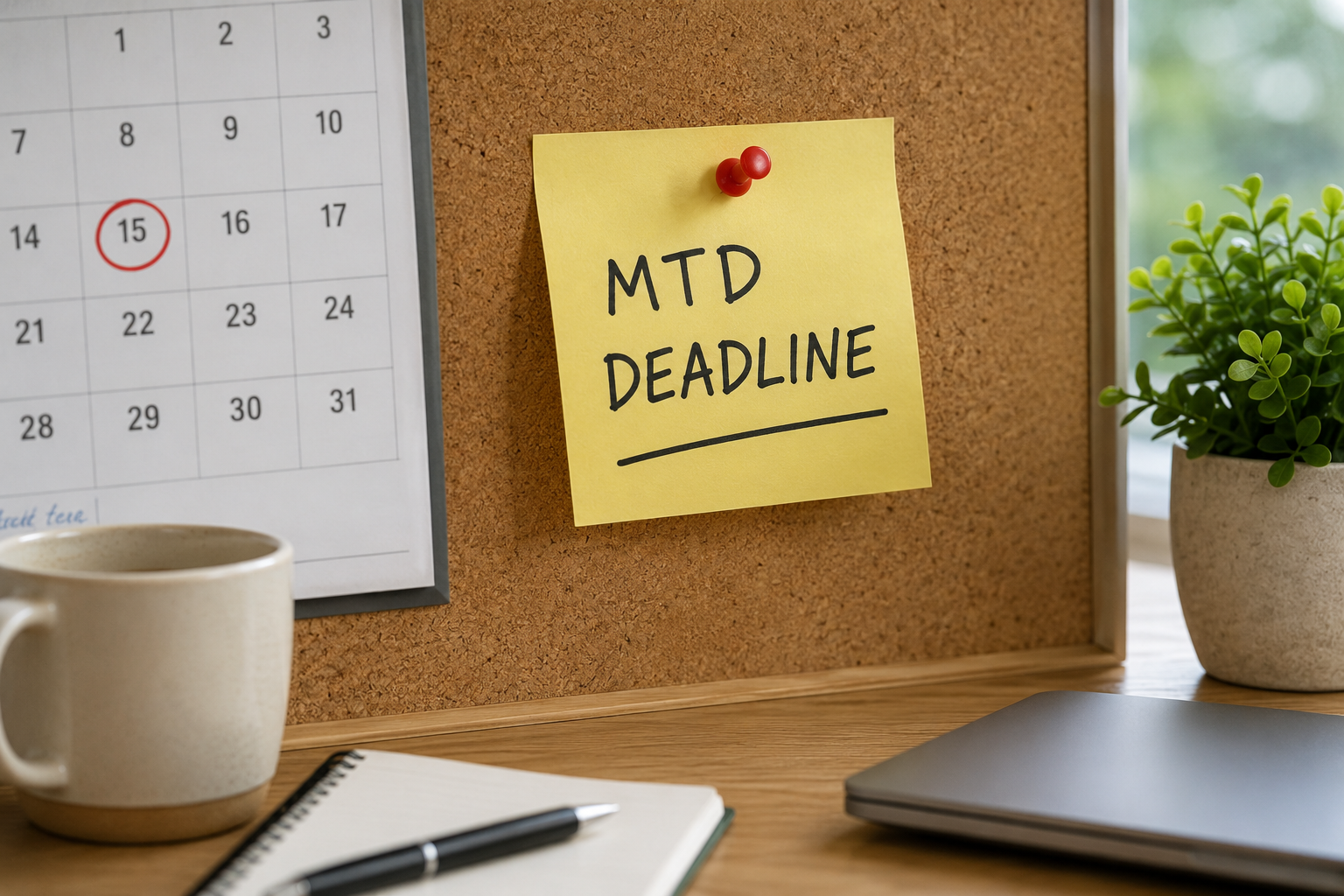 Sticky note marked "MTD Deadline" pinned to a noticeboard beside a calendar, reminding business owners to prepare for Making Tax Digital deadlines.