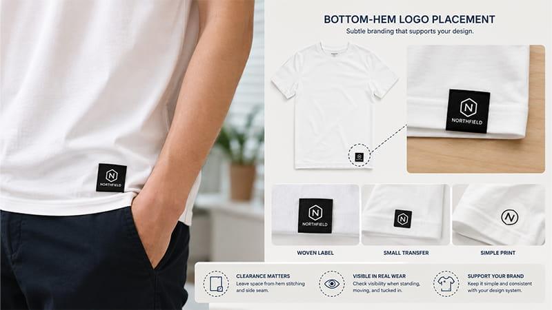 Bottom-hem logo placement on a white T-shirt with woven label, small transfer, and subtle print examples near the finished hem