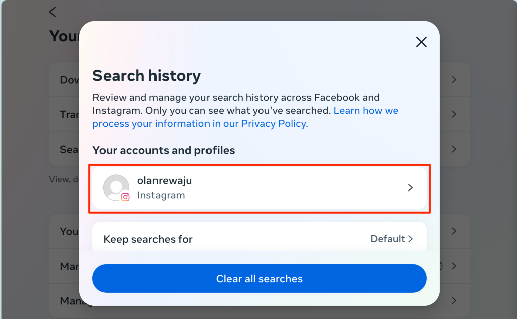 Search history settings page on Instagram Web