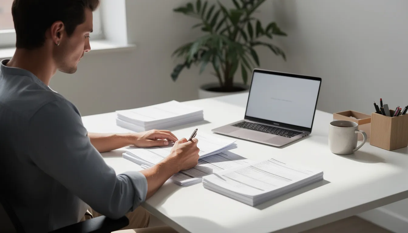 A person is seated at a desk, engaged in light office work with various paperwork spread out in front of them. This scene reflects a typical work environment, where individuals may manage tasks related to workers compensation claims, including paperwork for temporary disability benefits and medical treatment documentation.