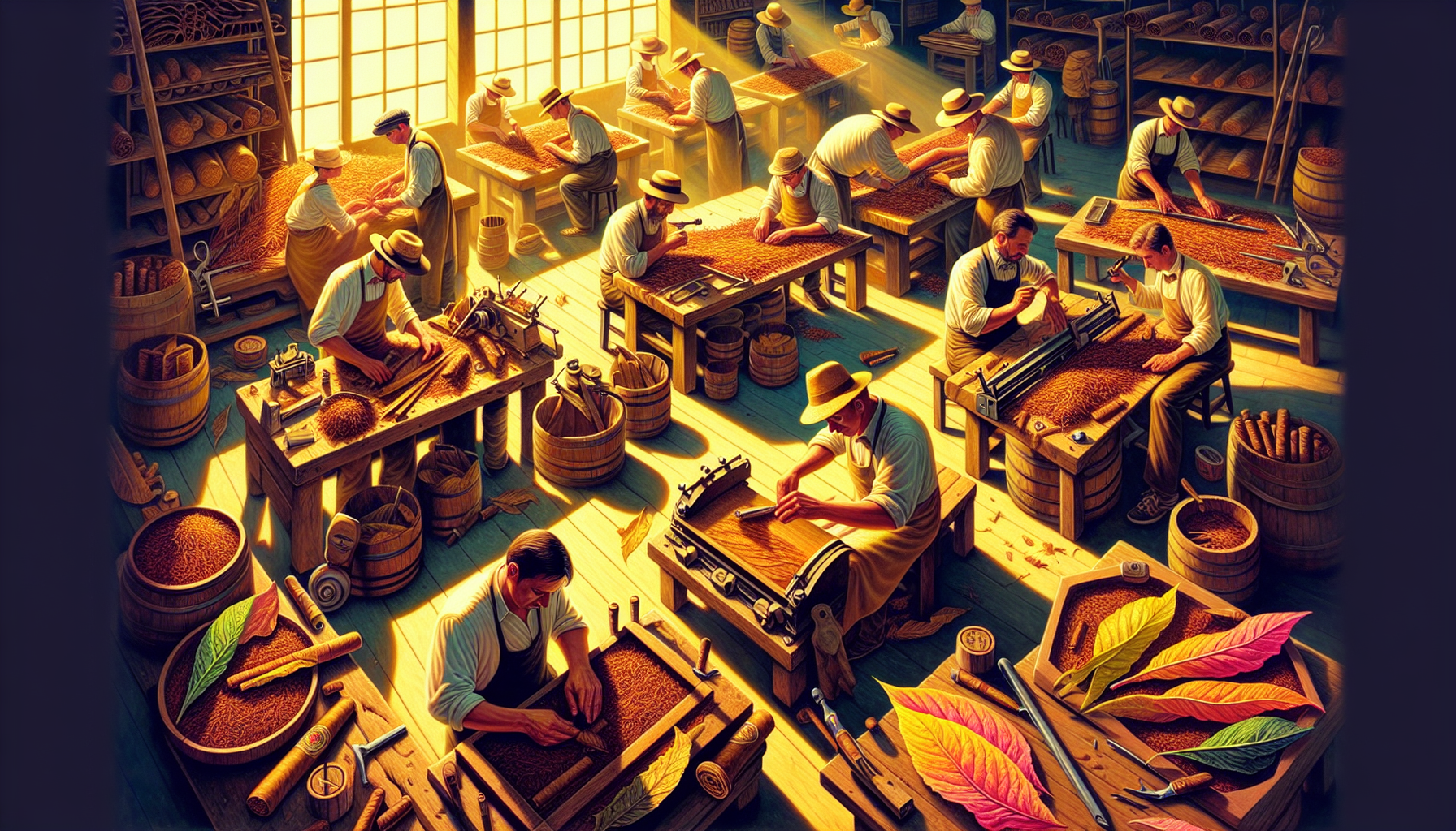 An illustration of a collaborative cigar-making process.