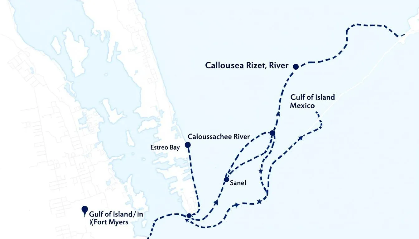 The image depicts a detailed map of the Fort Myers waterfront area, highlighting boat routes that connect to Gulf destinations, including the intracoastal waterway and Caloosahatchee River. This map serves as a valuable resource for those interested in waterfront living and real estate opportunities in Fort Myers, FL, showcasing the community's easy access to water-based activities and local amenities.
