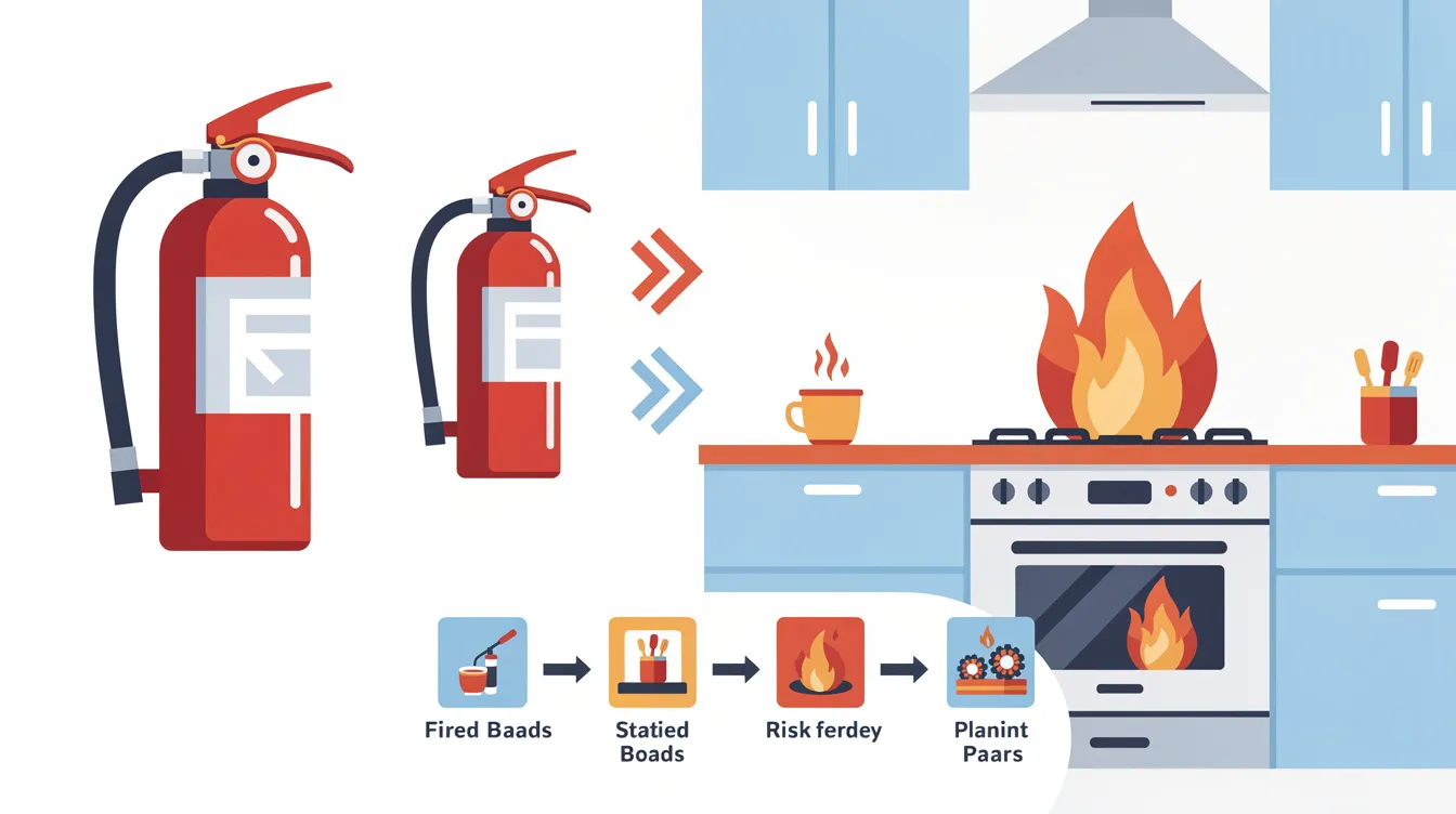 A fire extinguisher mounted in a kitchen, emphasizing the importance of fire safety and preparedness.