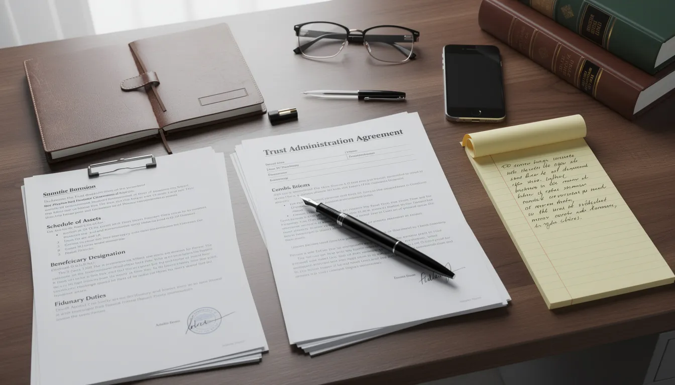 The image shows a neatly organized desk filled with various trust administration documents and legal requirements related to estate planning. These papers may include trust documents, estate administration forms, and legal guidance materials, highlighting the complexities involved in managing assets and ensuring proper distribution to beneficiaries in San Diego County.