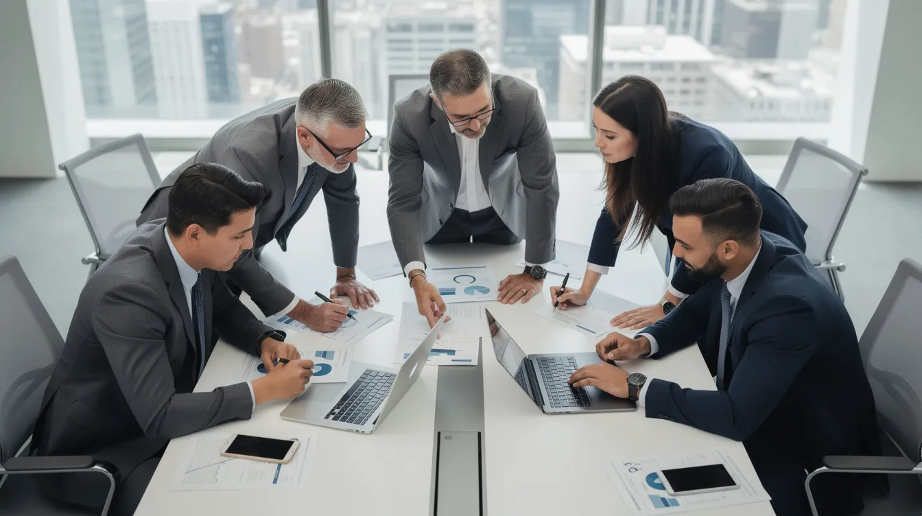 A business team is gathered around a conference table, engaged in a collaborative review of documents and a laptop screen, discussing risk management strategies and practices related to artificial intelligence. The atmosphere is focused and professional, highlighting their efforts in effective AI risk management and regulatory compliance.