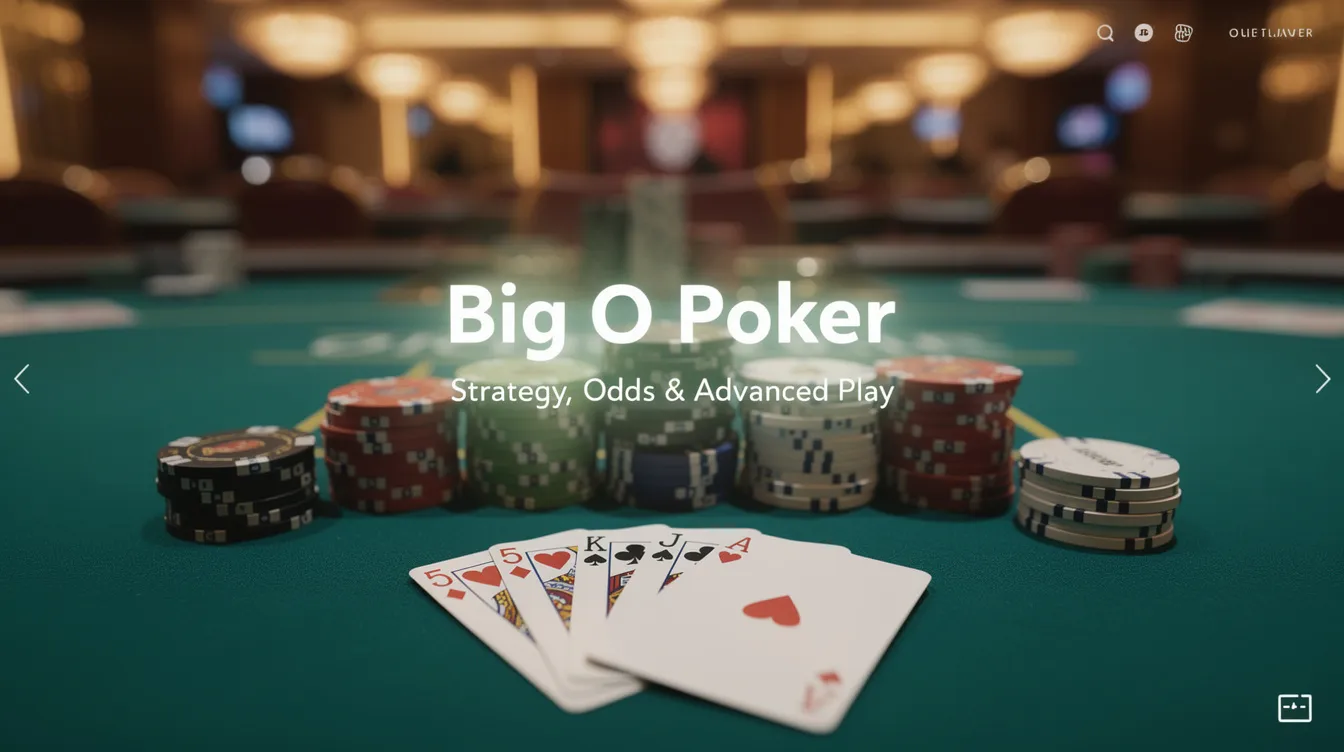 The image features a vibrant header for "Big O Poker," showcasing the excitement of this unique poker variant that combines high and low hands. It highlights key elements such as hole cards, community cards, and the strategic aspects of pot limit Omaha, emphasizing the game's split pot nature and the potential for nut flush draws and qualifying low hands.