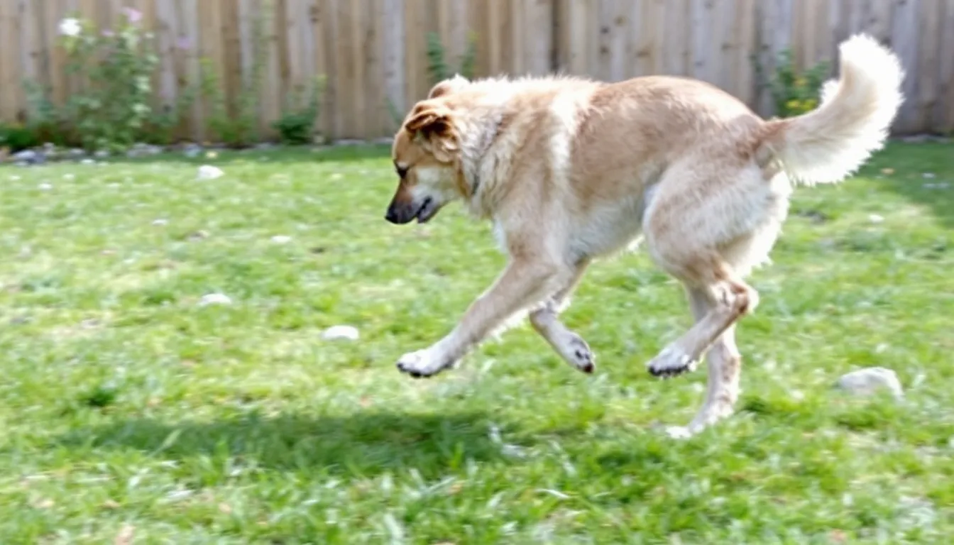 A dog is seen running in a yard with a bunny hopping gait, which may indicate potential hip dysplasia or joint pain, particularly in larger breeds. This movement can be a clinical sign of hip joint issues, often associated with conditions like canine hip dysplasia or degenerative joint disease.