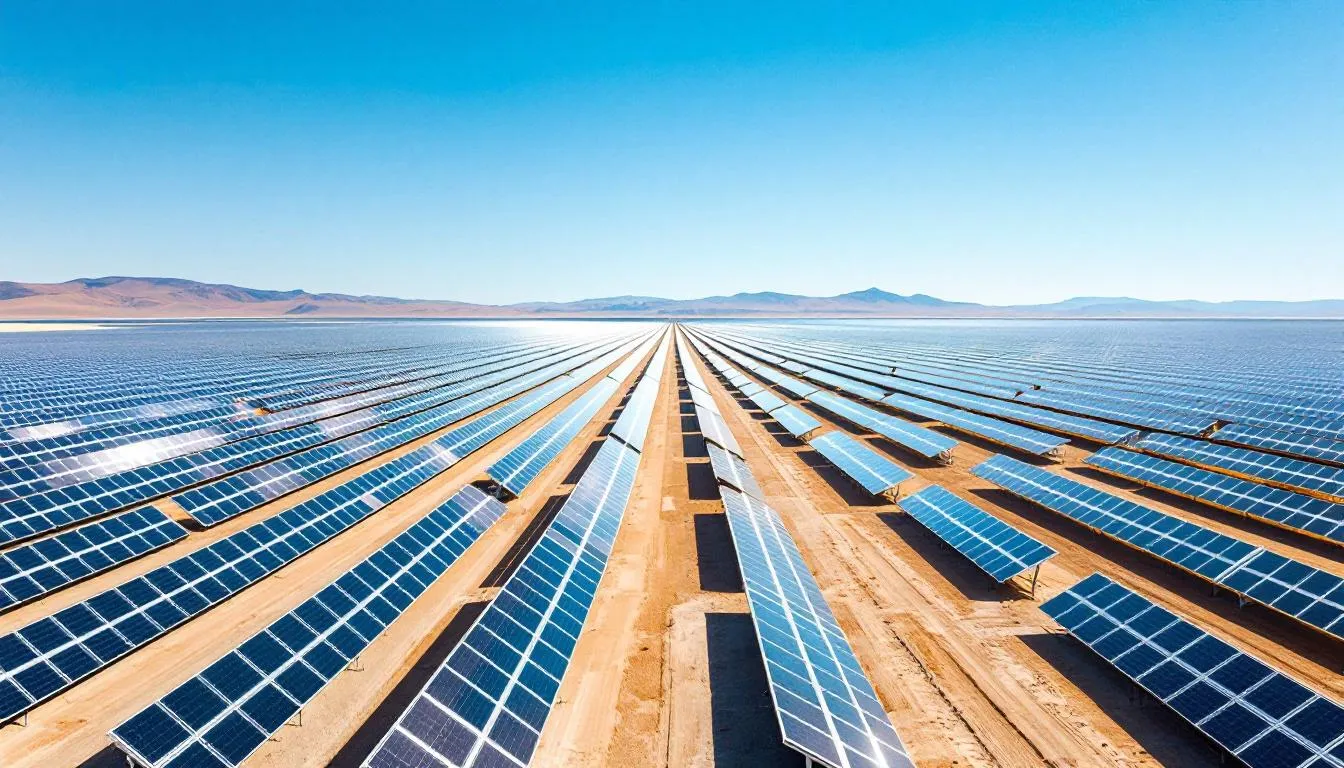The image depicts a vast solar installation featuring numerous solar panels arranged in rows that stretch towards the horizon, all set against a clear blue sky. This large-scale solar power system exemplifies the renewable energy sector's commitment to sustainable energy solutions and highlights the role of leading solar panel manufacturers in India.
