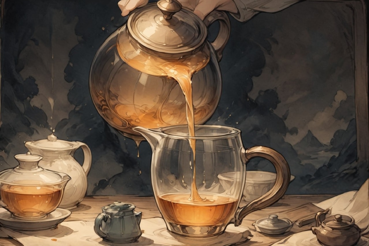 Pouring tea from a teapot into a glass jug