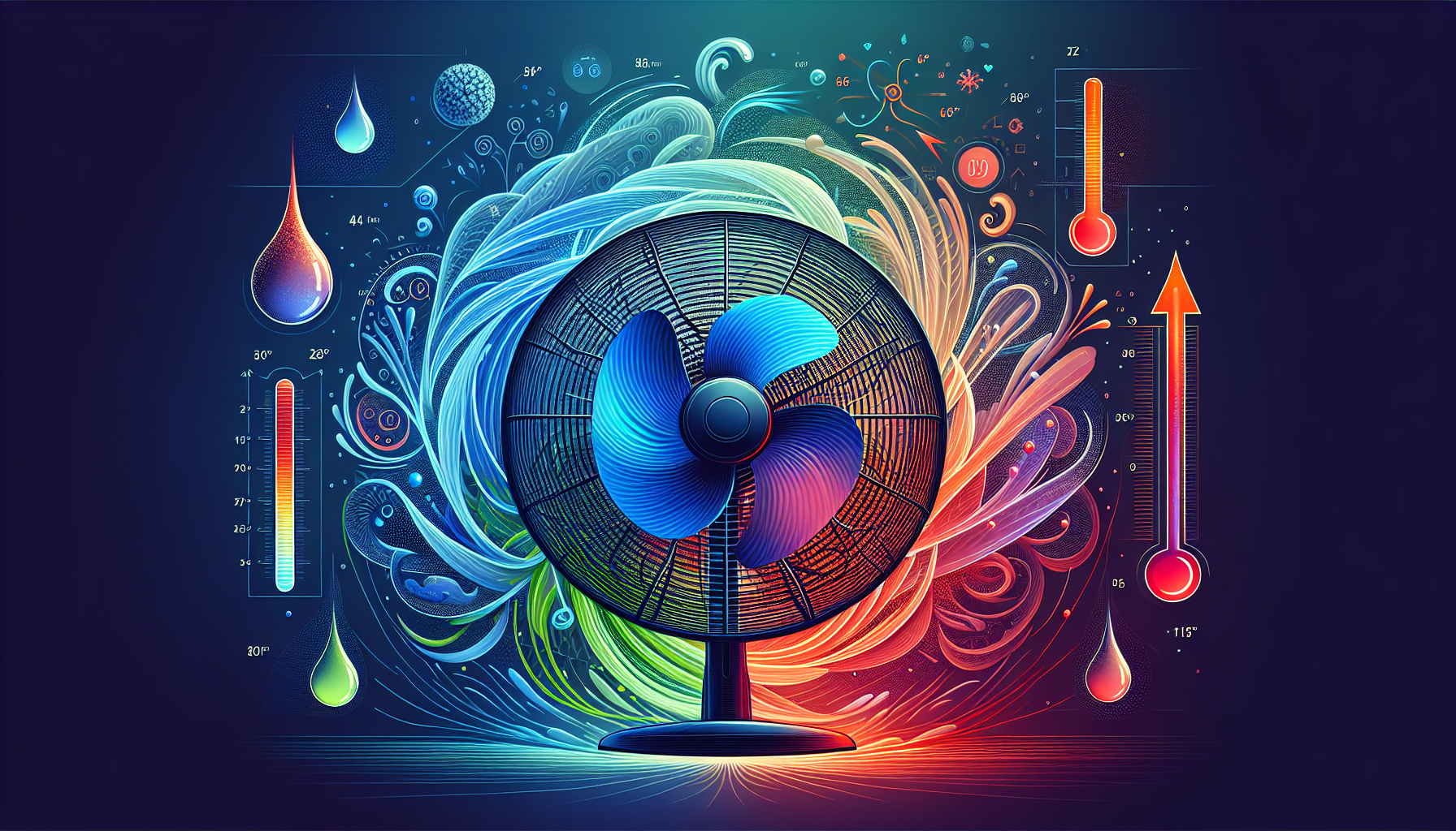 An illustration depicting factors affecting fan performance, including humidity and airflow.