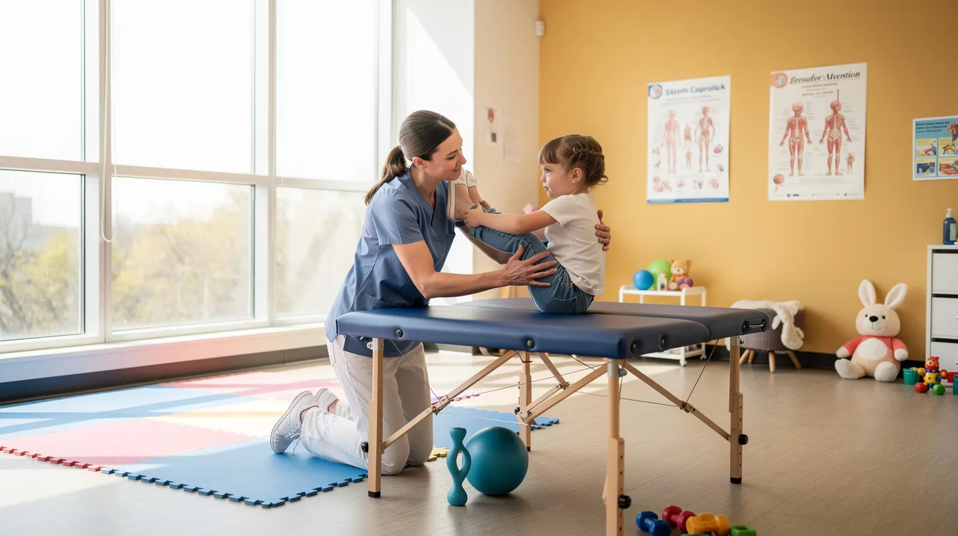A young child is engaged in physical therapy within a bright and supportive clinical environment, focusing on improving their mobility and strength, which may be essential for children with cerebral palsy. The warm atmosphere and attentive healthcare professionals highlight the importance of ongoing medical care and early intervention for developmental delays caused by birth injuries or medical negligence.