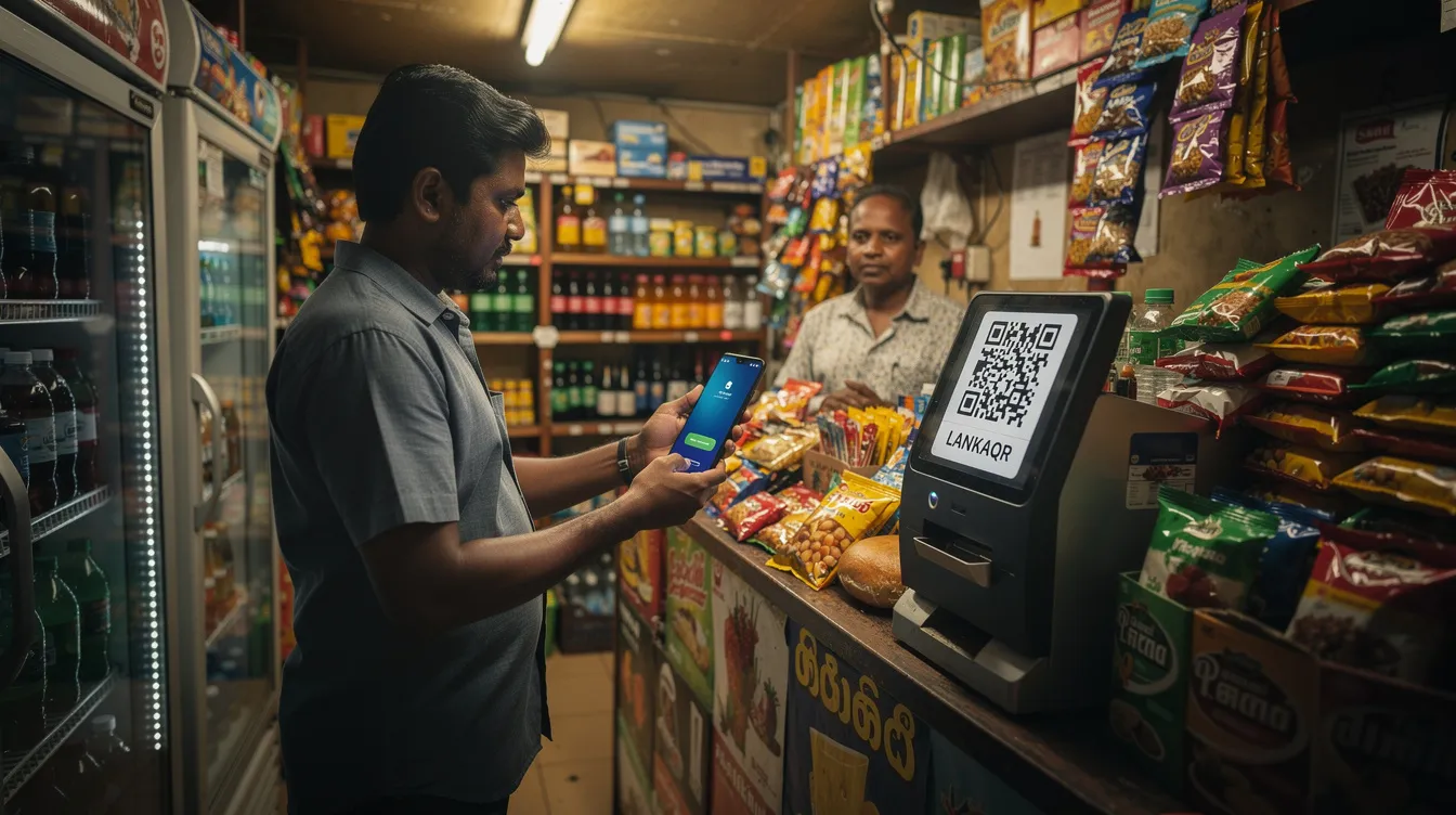 A person is scanning a LANKAQR code at a small convenience store in Colombo, showcasing the use of mobile payments through popular digital wallets in Sri Lanka. This scene highlights the growing trend of digital adoption for everyday payments in urban areas.