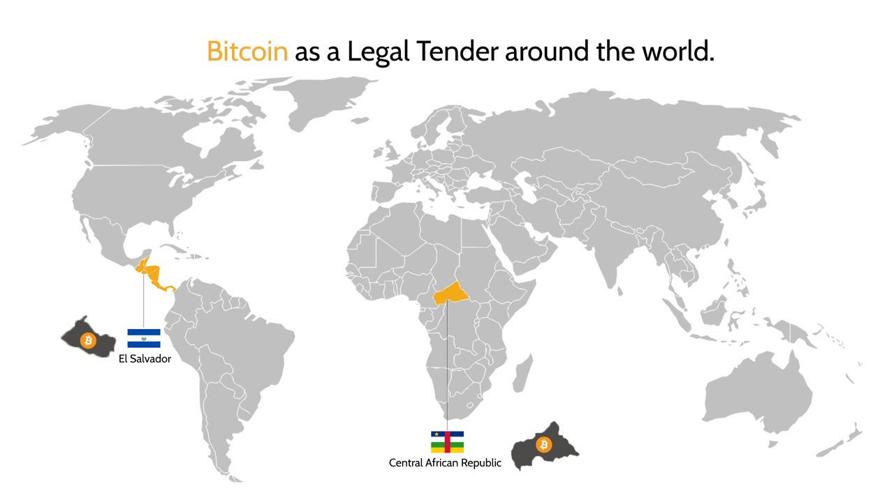 World map showing which countries accept Bitcoin as legal tender