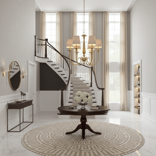Classic gold chandelier with fabric shades illuminating a bright, neutral-toned foyer and adding timeless elegance to the entry space.
