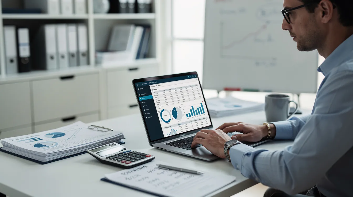 An accounting professional is focused on their laptop, utilizing financial software to manage tasks related to the employee retention credit (ERC). The individual appears engaged in analyzing qualified wages and preparing for potential ERC claims, highlighting the importance of proper accounting treatment in navigating tax credits for eligible employers.