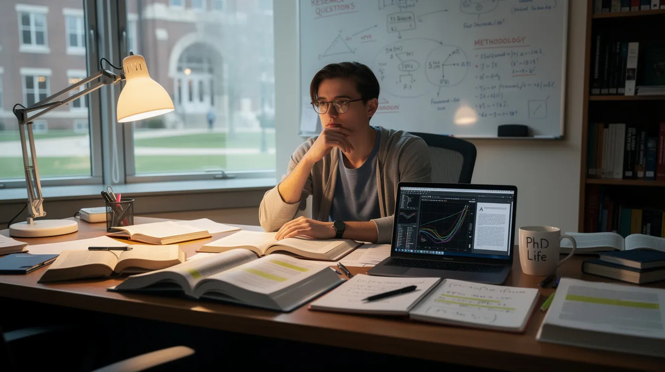 A PhD student is deeply engaged in coursework and independent research for their doctoral study, focusing on advanced research skills and critical thinking in their specific field, such as political science or biological sciences. They are working towards their doctorate degree, which represents the highest academic degree, while preparing for comprehensive exams and developing their dissertation proposal.