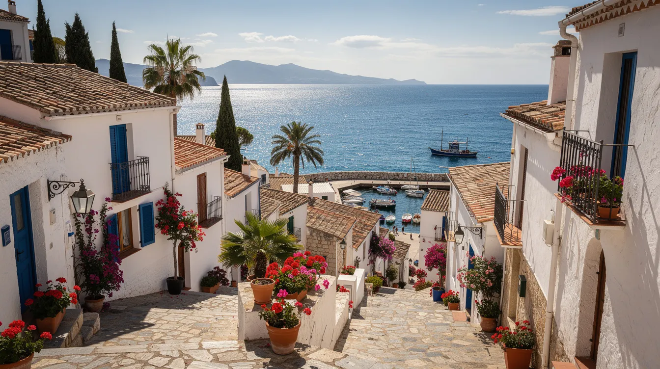 A picturesque Spanish coastal village features charming white buildings nestled against the backdrop of a stunning blue sea. This scenic landscape invites international visitors to explore Spain, a Schengen country where tourists can enjoy the beauty of the coastal region while considering visa regulations for longer stays.