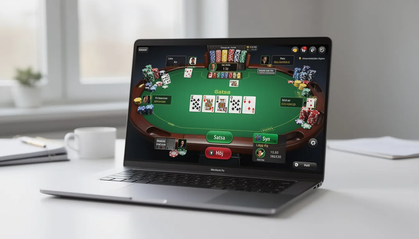 En bärbar dator visar ett online pokerbord där spelare kan delta i live-spel. Bilden illustrerar hur man kan använda PayPal som en säker betalningsmetod för insättningar och uttag hos casinon med PayPal.
