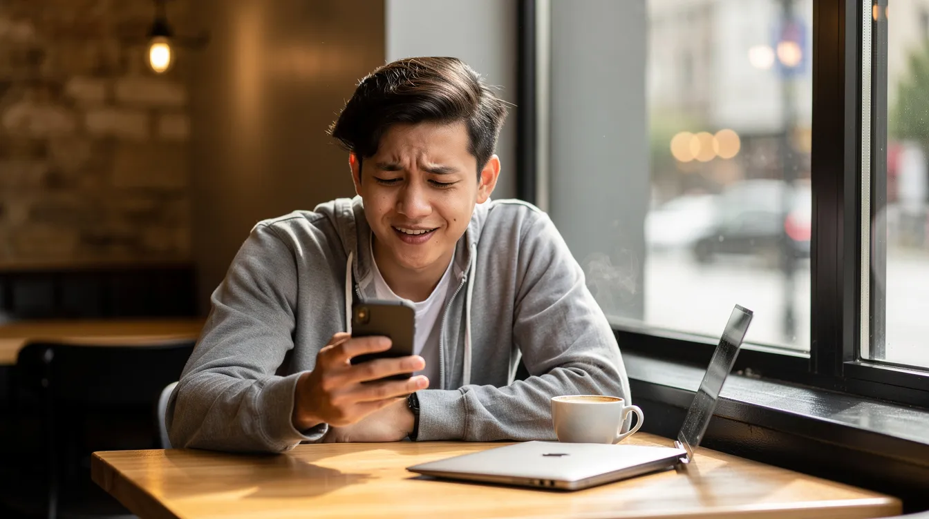 A person at a coffee shop appears relieved while checking a phone notification, possibly related to their financial situation or loan application. The notification may pertain to their 清 數 or a positive update from a 二線 財務 公司 regarding their credit status.