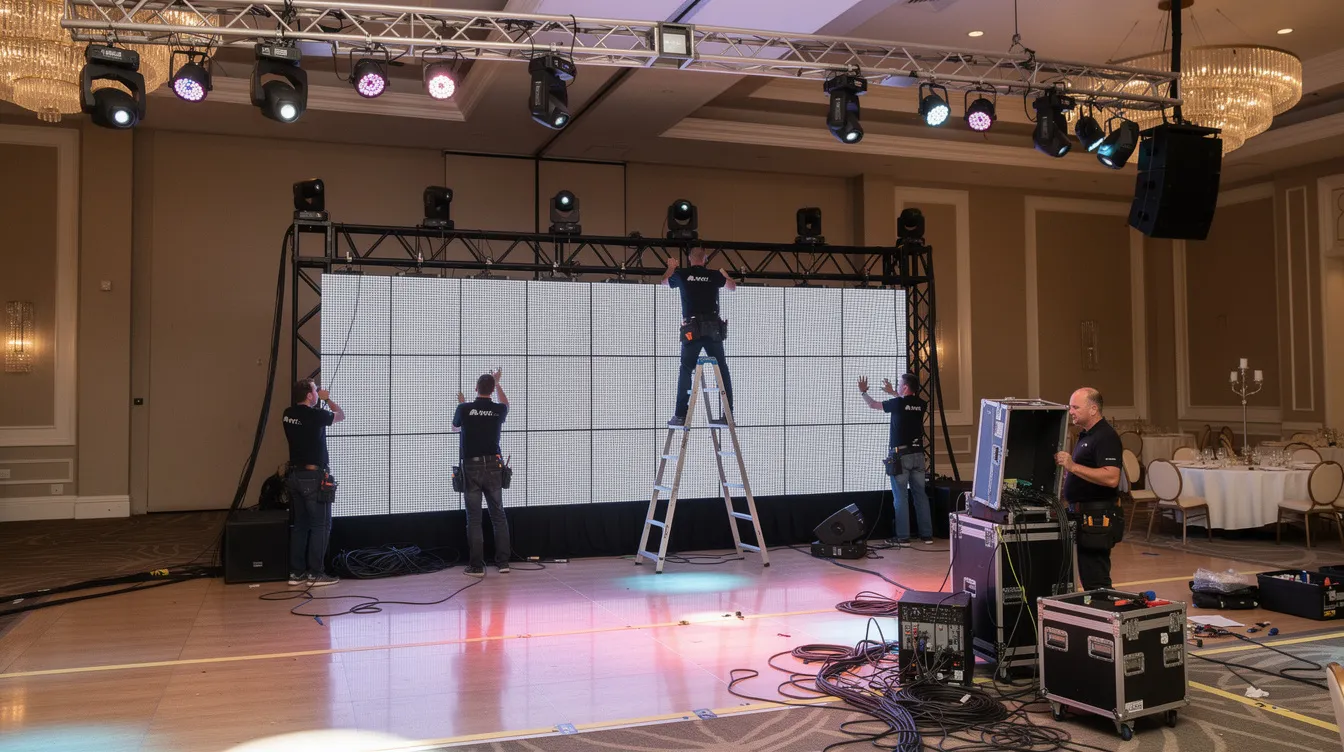 A professional audiovisual crew is seen assembling a large LED video wall inside a hotel ballroom, with stage lighting illuminating the space. This setup is part of a corporate event, showcasing advanced LED video wall solutions designed for memorable experiences.