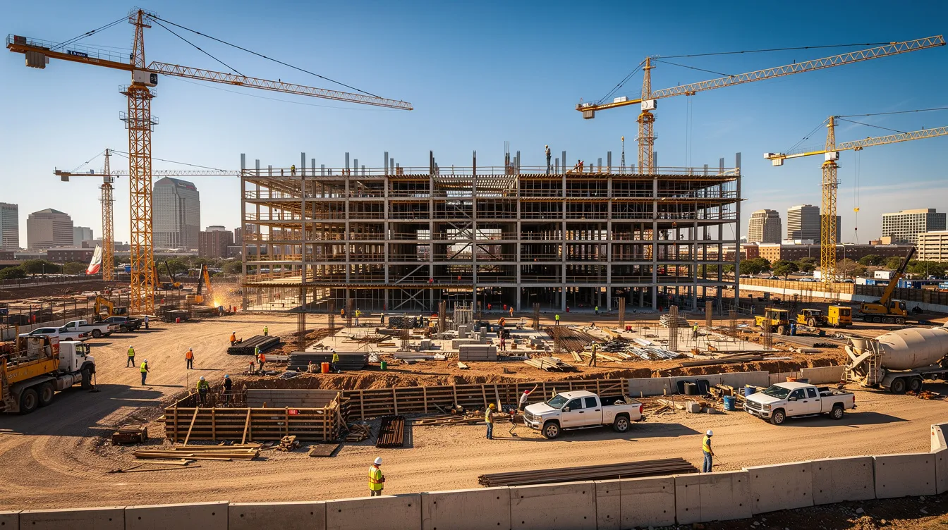 The image depicts a bustling commercial construction site in a Texas city, featuring cranes and workers actively engaged in building under a clear sky. This scene reflects the growth and investment in Texas construction, highlighting the demand for skilled trades and trade jobs in the industry.