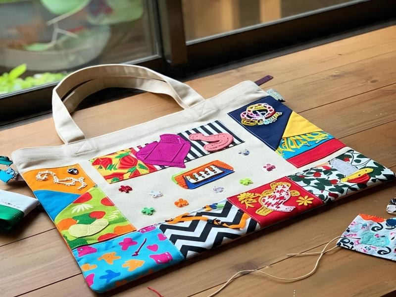 A colorful, handmade tote bag made from various fabric patches stitched together in a patchwork style. Each patch has a different design, texture, or embellishment.