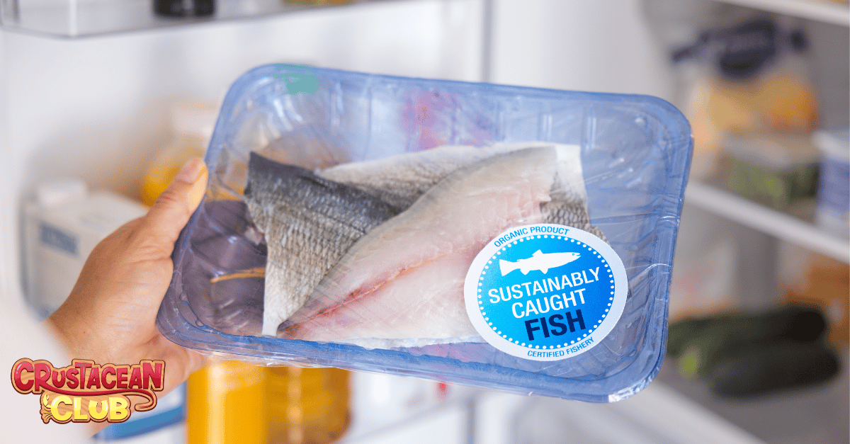 Visual of a package of fish that has a sustainably caught sticker on it