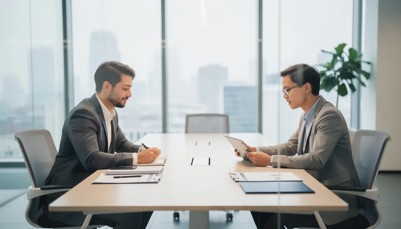 The image depicts two individuals engaged in a professional consultation meeting at an office, discussing important aspects of a workers compensation claim. The scene emphasizes the importance of seeking legal counsel from an experienced workers compensation attorney to navigate the complexities of workers compensation benefits and secure fair compensation for injured workers.