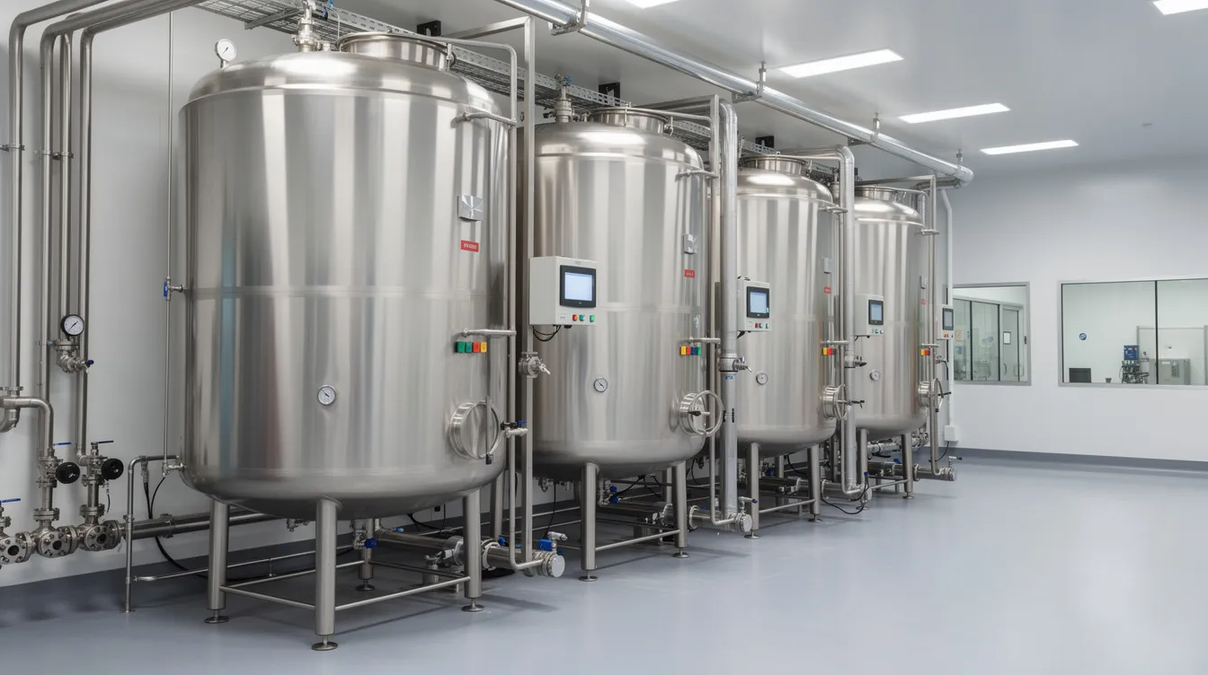 The image depicts large stainless steel fermentation tanks situated in a clean, modern laboratory facility, likely used for producing mushroom extracts or supplements. The sterile environment suggests a focus on quality in the creation of medicinal mushroom products, which may include various beneficial plant compounds and bioactive compounds for health benefits.
