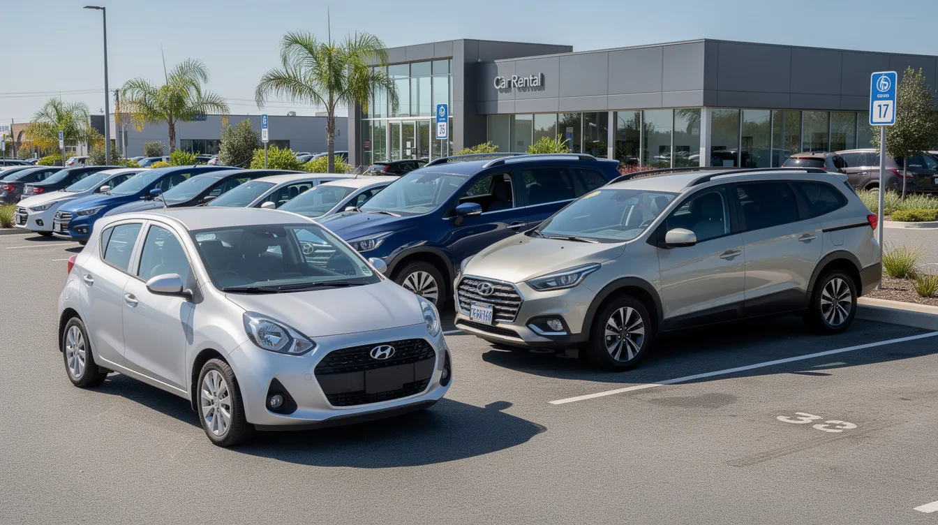In een zonnige parkeerplaats staan verschillende huurauto's geparkeerd, waaronder een compacte auto, een SUV en een minivan. Deze voertuigen bieden een ruime keuze voor autoverhuur, ideaal voor diverse bestemmingen en reisbehoeften.