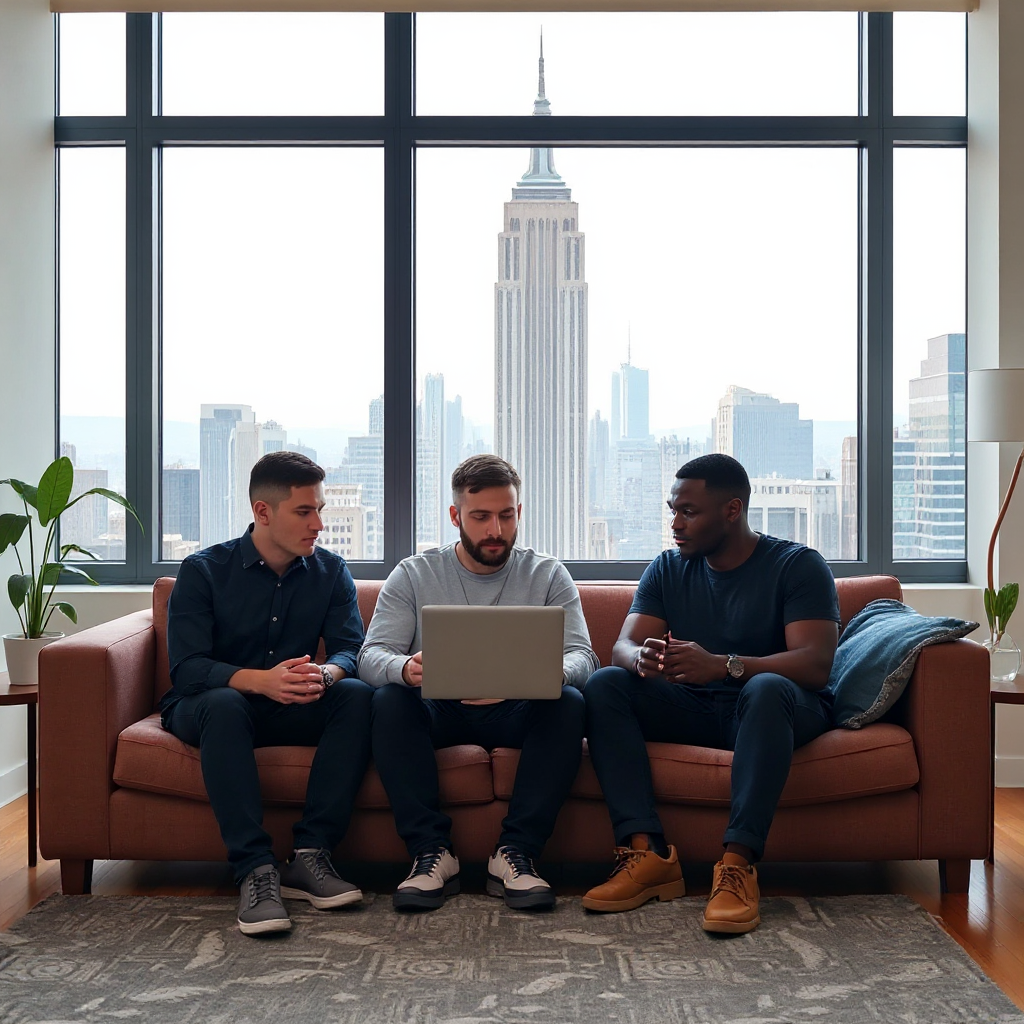 Image of gay throuple doing online throuple therapy in NYC with Loving at Your Best.