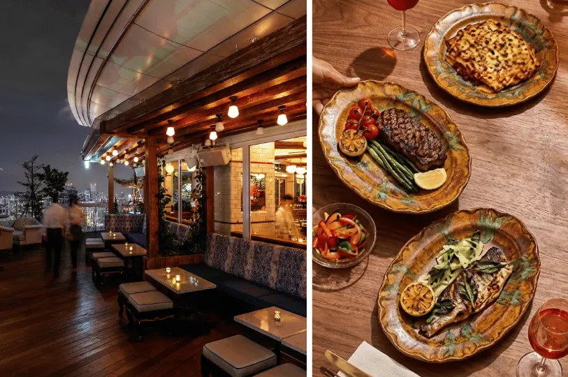 A split image showing an inviting rooftop dining area with wooden decking, warm lighting, and city skyline views on the left, and rustic ceramic plates serving a grilled steak and a whole fish on the right.