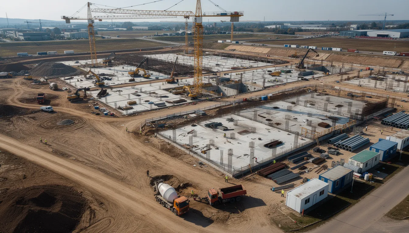 An aerial view captures a large infrastructure construction project bustling with activity, showcasing multiple cranes and heavy equipment at work. This scene reflects the construction industry's ongoing efforts to enhance efficiency and safety through the adoption of AI technologies and advanced project management tools.