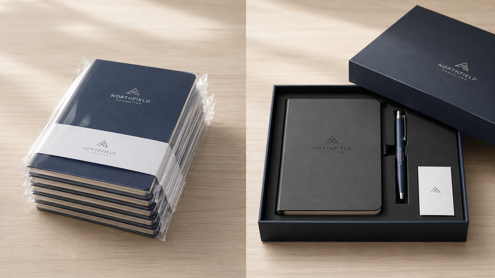 Custom notebook packaging shown in protective sleeves and a presentation gift box with pen and card