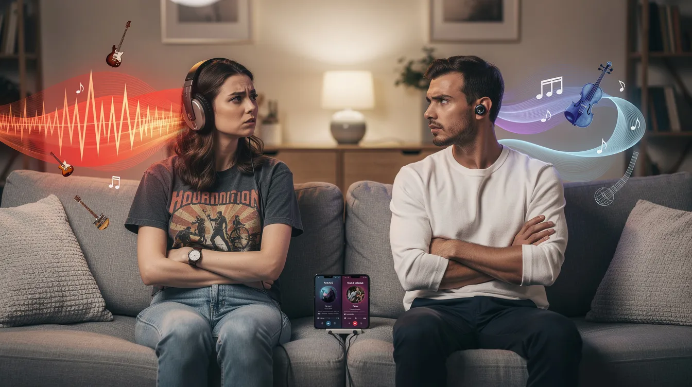 The image depicts two individuals sitting across from each other at a table, engaged in a conversation about their differing music tastes. This scene highlights the importance of open communication and understanding in a relationship, especially when navigating fundamental incompatibilities that can affect the relationship's future.