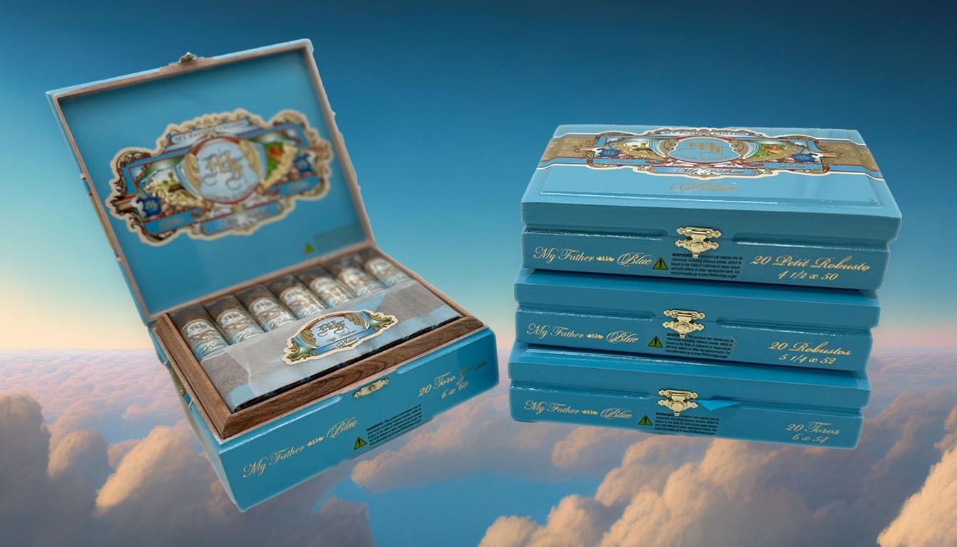 An overview image of My Father Blue 2025 cigars, showcasing their elegant design and packaging.
