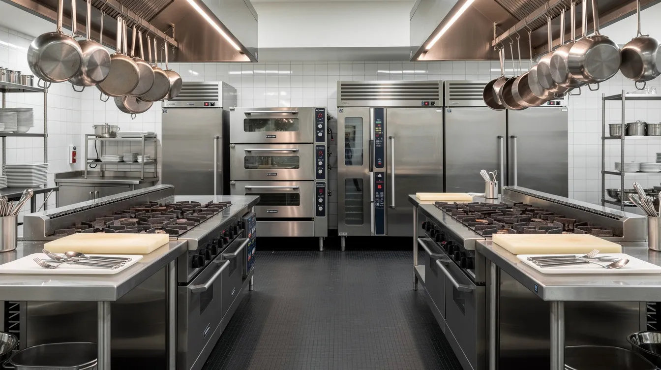 The image depicts a hotel kitchen equipped with commercial-grade stainless steel counters and various cooking appliances, showcasing the essential facilities for the hospitality sector. This professional setup highlights the importance of high-quality plant and equipment suppliers in the hotel industry.