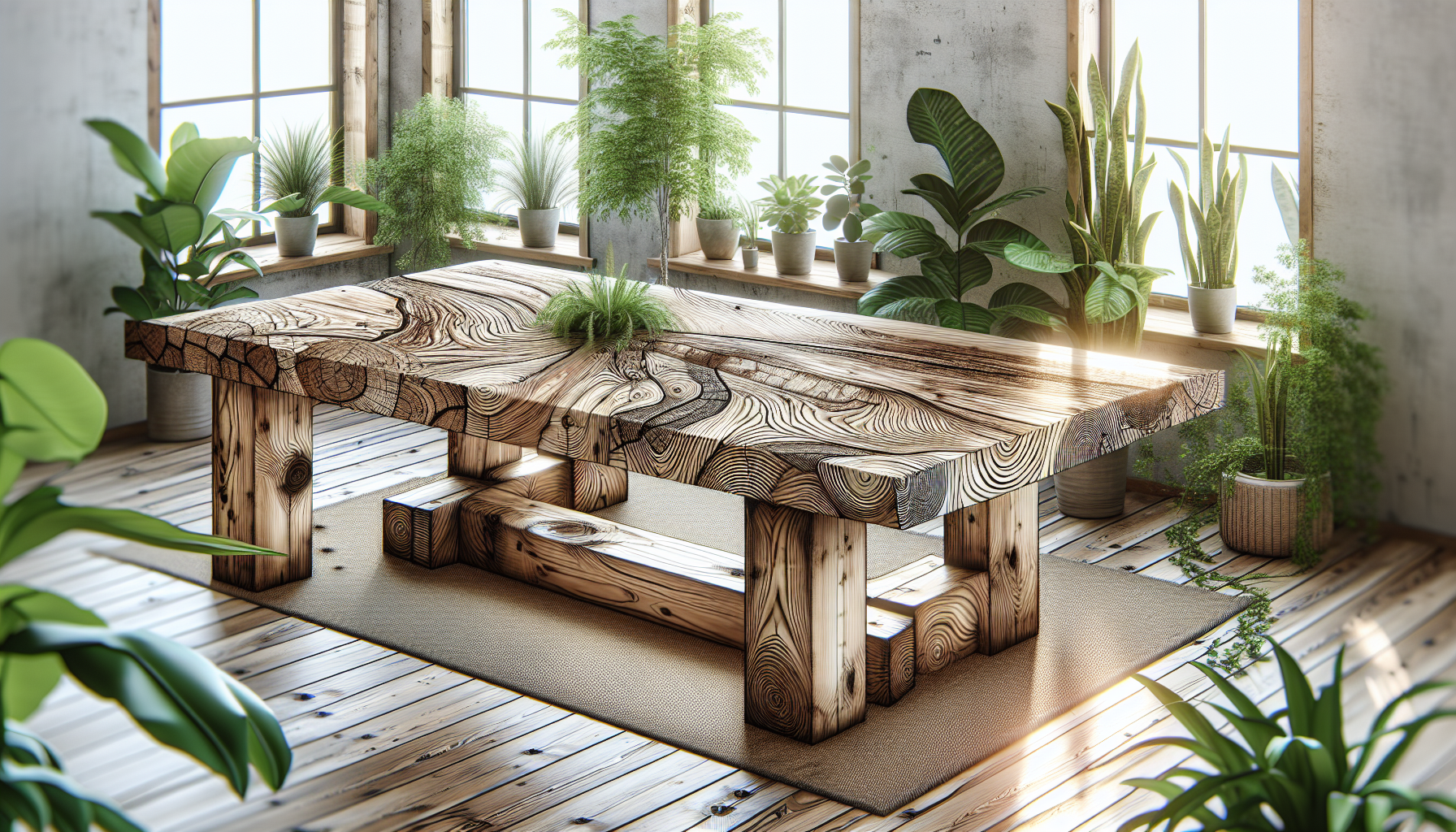 Eco-friendly illustration featuring reclaimed wood dining table, promoting sustainability and natural beauty