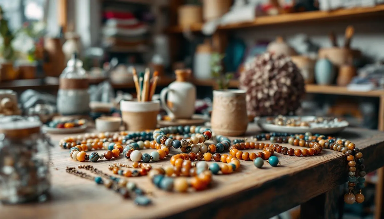 The image showcases a collection of handmade beaded jewellery, featuring vibrant beaded necklaces and bracelets crafted from semi-precious stones like turquoise and topaz. Each unique piece is displayed elegantly in a jewellery box, highlighting the intricate designs and colors that make them timeless and distinctive.