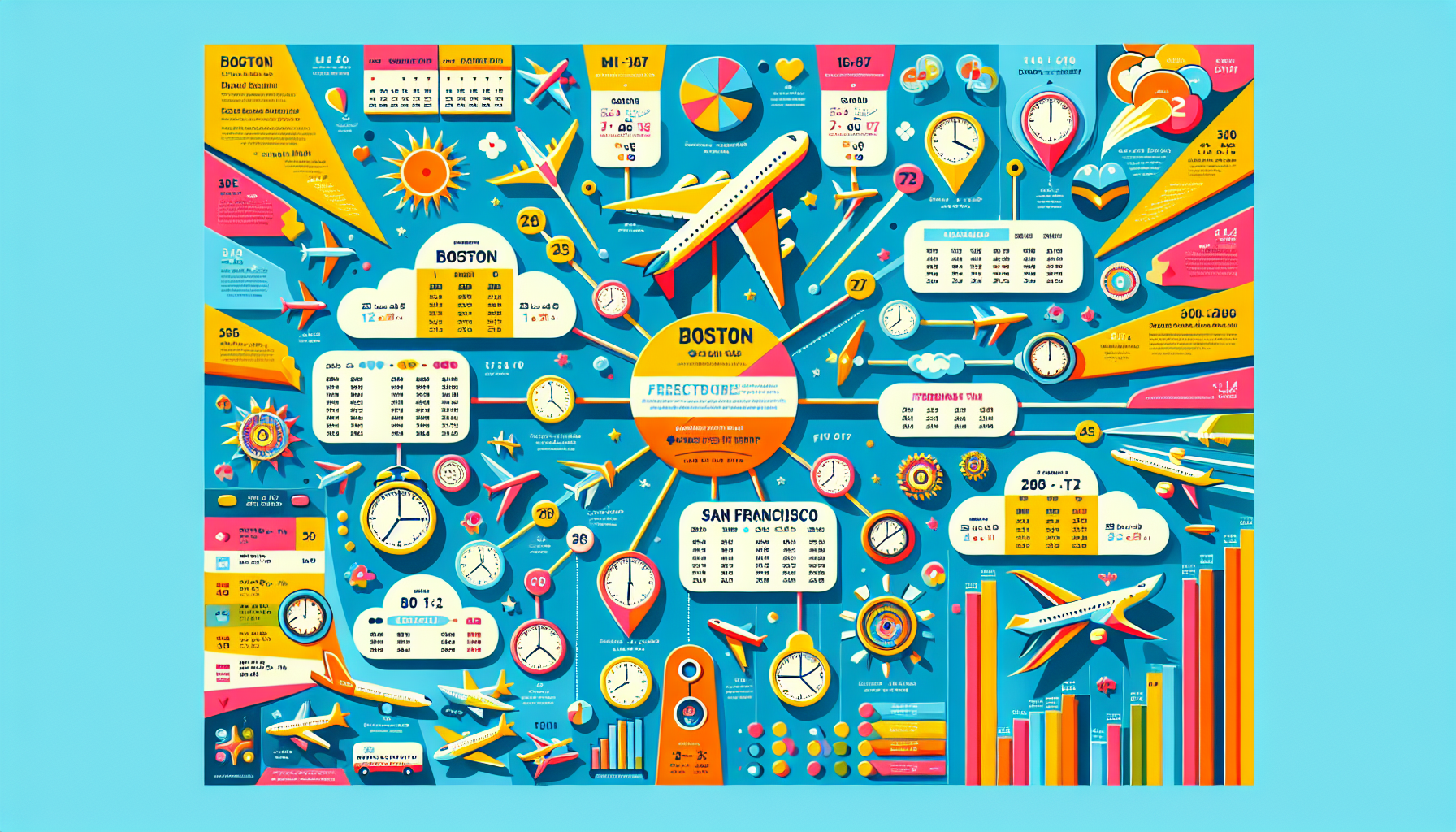 An infographic illustrating flight schedules and frequency for direct flights from Boston to San Francisco.