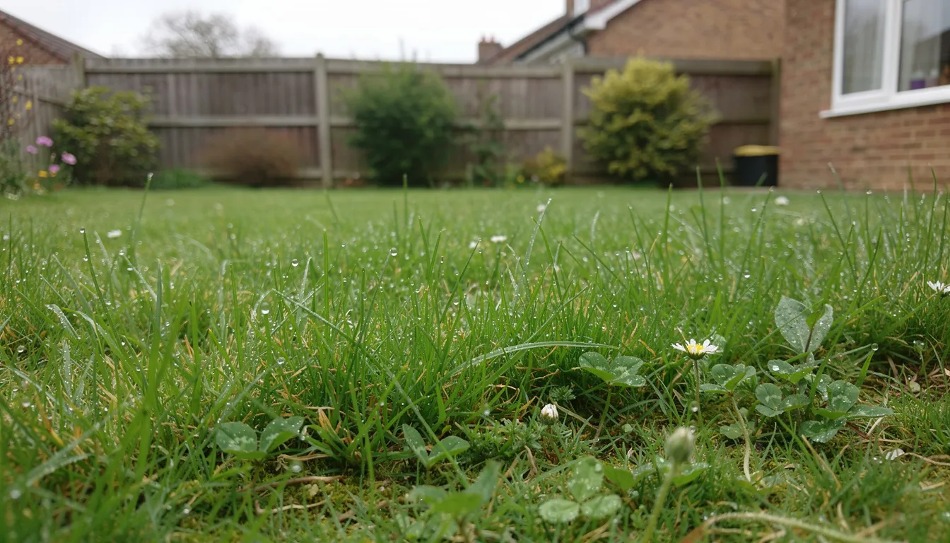 A close-up view of a vibrant green lawn in a typical UK suburban back garden, showcasing healthy grass growth with a strong root system. This lush lawn appears well-maintained, indicating effective lawn care and the potential for new grass growth, perfect for the growing season.