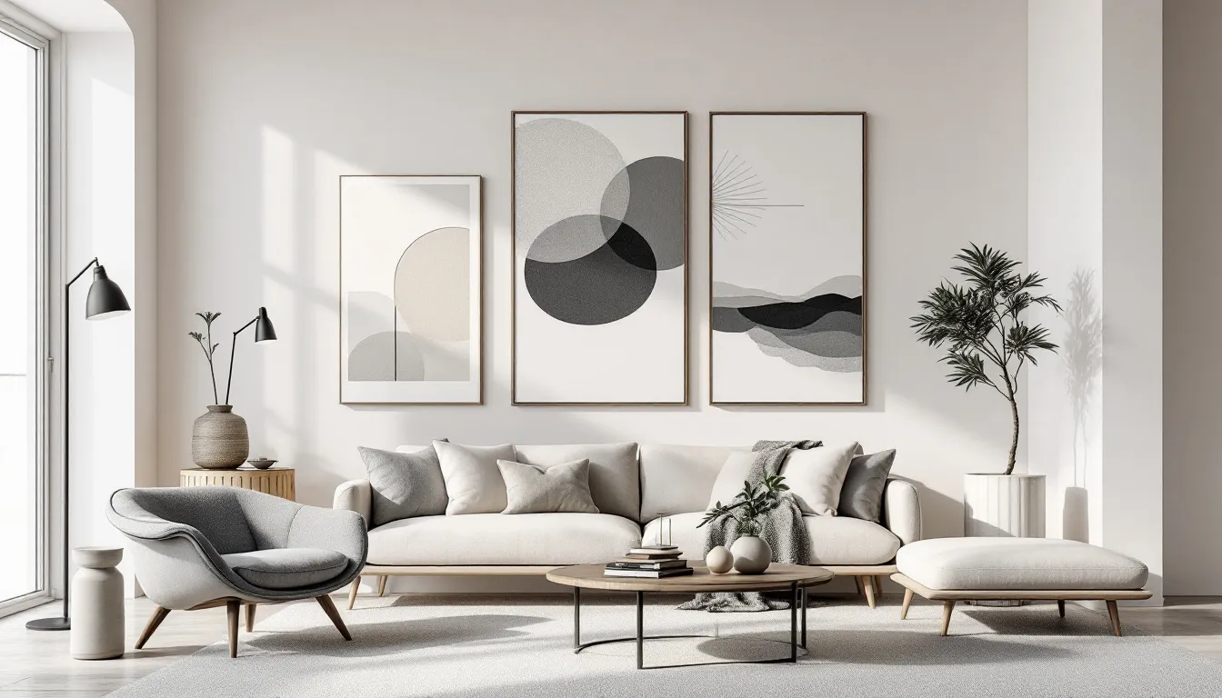 A collection of wall art pieces that add visual appeal to a modern living space.