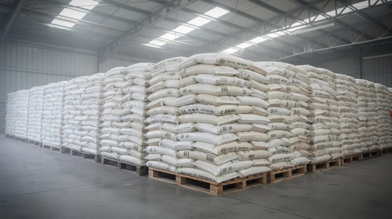 62000feb e691 4be5 a35f 2ca5a3715270 The image shows bags of rice grains neatly stacked in a warehouse storage area, showcasing the raw material essential for the puffed rice manufacturing process. This organized setup highlights the importance of rice in the food processing industry, particularly for popular snack foods like puffed rice and breakfast cereals.