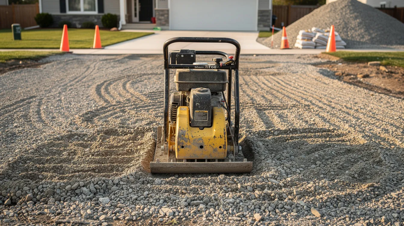 A vibrating plate compactor is positioned on a freshly spread layer of class 5 gravel at a driveway project site, ready to achieve maximum compaction for a solid base. The gravel consists of angular stones that will provide a durable and stable surface for the residential driveway.