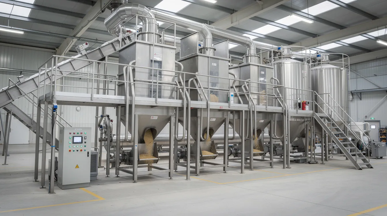 62035fde 2b04 4835 8256 85bafe50f419 The image depicts industrial stainless steel grain processing machinery in a factory setting, showcasing advanced technology used for efficient dal processing. This equipment plays a crucial role in the food processing industry, ensuring consistent quality and high efficiency in dal milling operations.