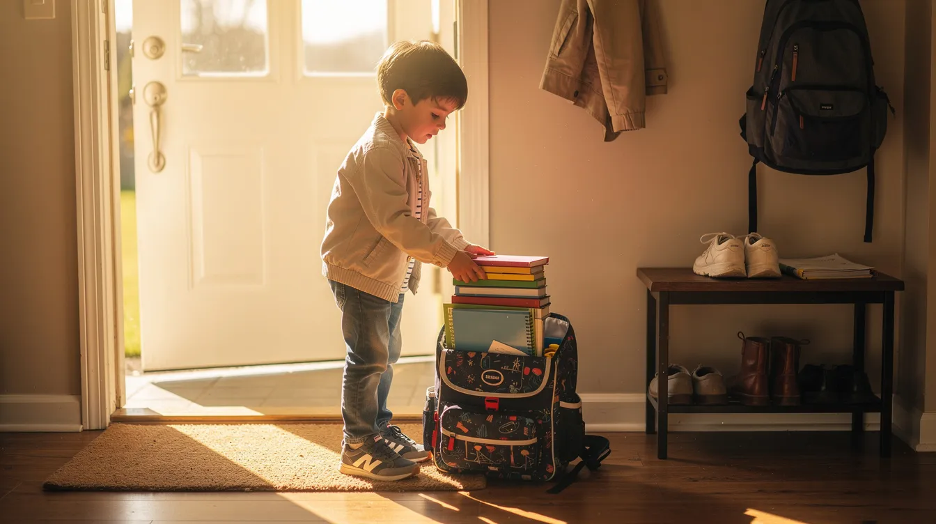 A child is putting books into a school bag near a front door, illuminated by morning light, demonstrating important planning and organization skills as they prepare for the day ahead. This scene highlights the development of executive function skills, such as managing tasks and staying organized for school.