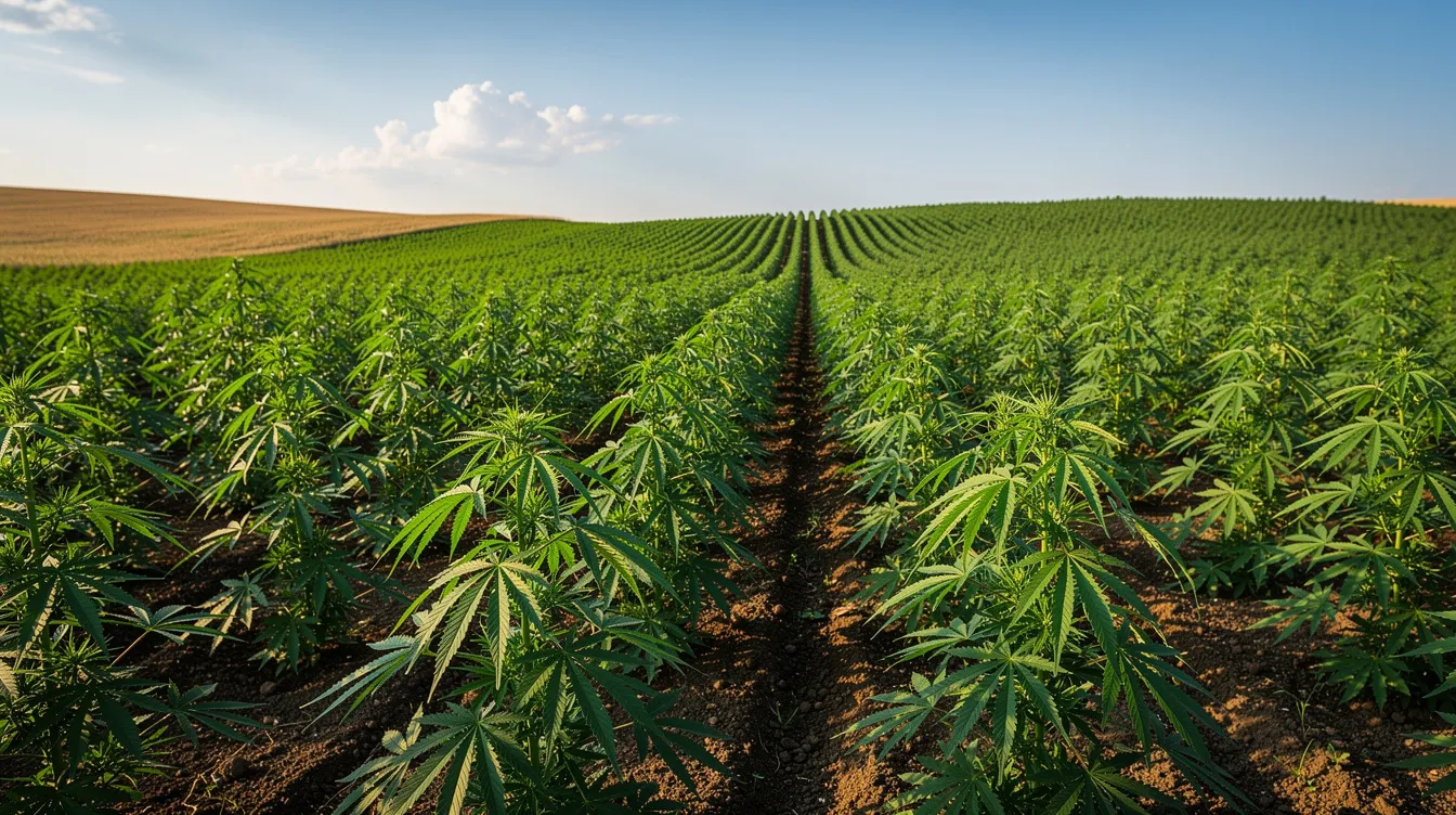 The image depicts lush green hemp plants thriving in an expansive agricultural field, set against a clear blue sky. This scene highlights the thriving hemp industry, which operates under federal law and state regulations, including those established by the Michigan cannabis regulatory agency.